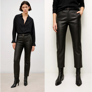 NWT! Nili Lotan 0 Lambskin Leather Pants $1290 Snakeskin Crop Straight Leg Black